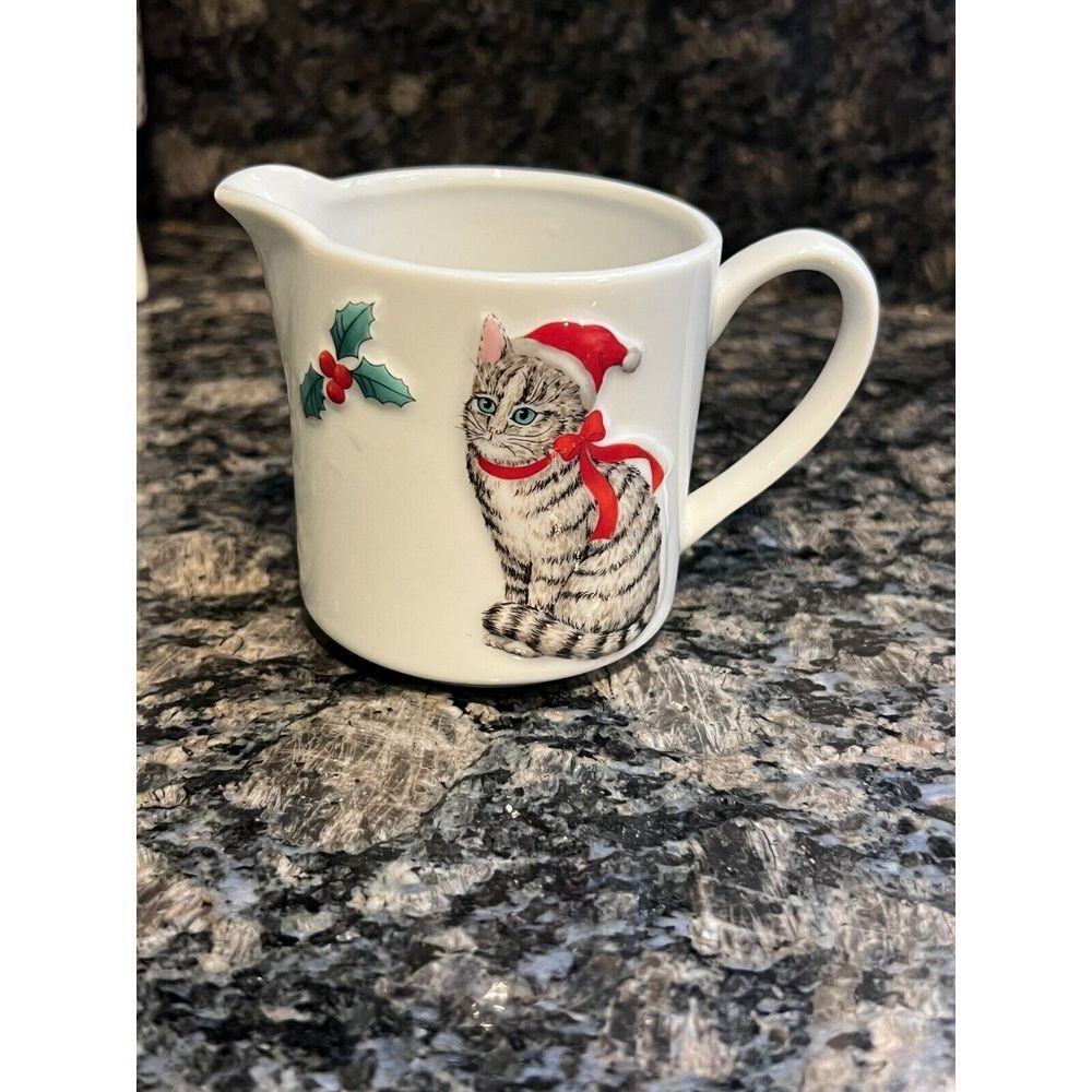 Vintage Christmas Cat Creamer Raised Design Japan Santa Cat Collectible Kitty‎